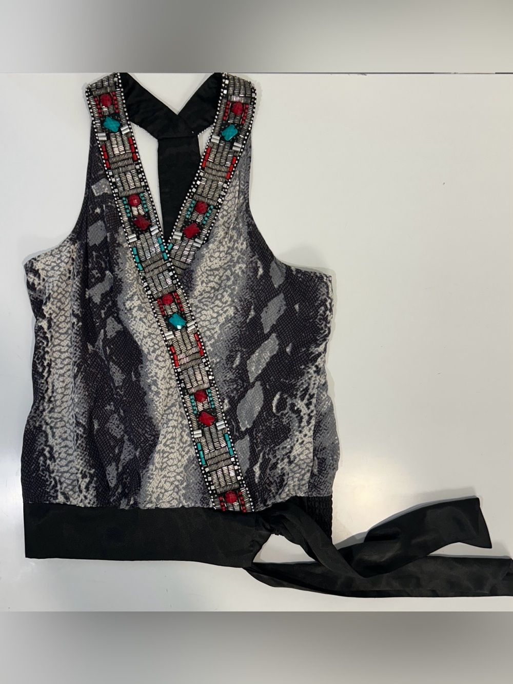 bebe Black Snake Print Beaded Tie-Front Tank with Red & Turquoise Accents